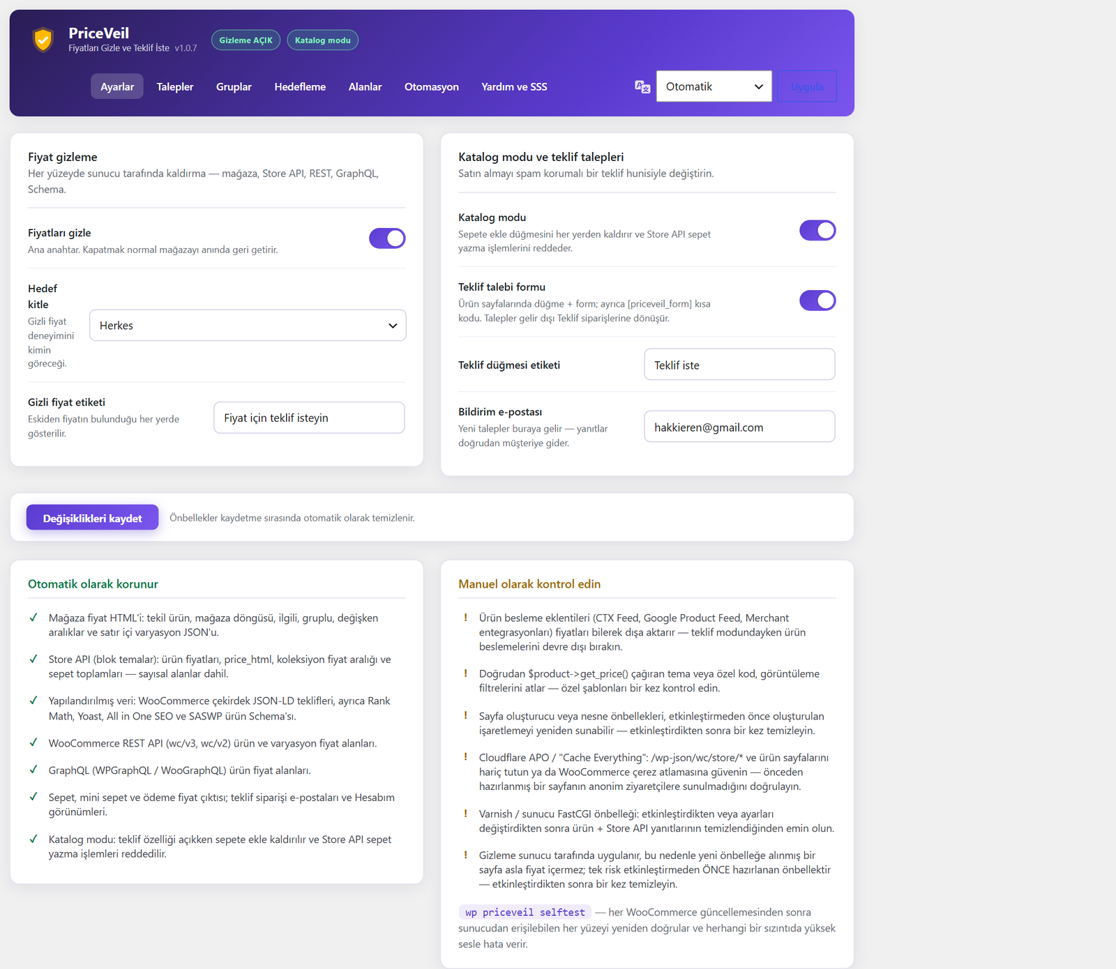 PriceVeil ayarları: kapsam, gizli fiyat etiketi, katalog modu ve teklif düğmesi
